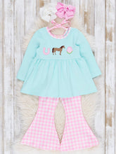 Load image into Gallery viewer, Embroidered Horsing Around Gingham Flare Outfit
