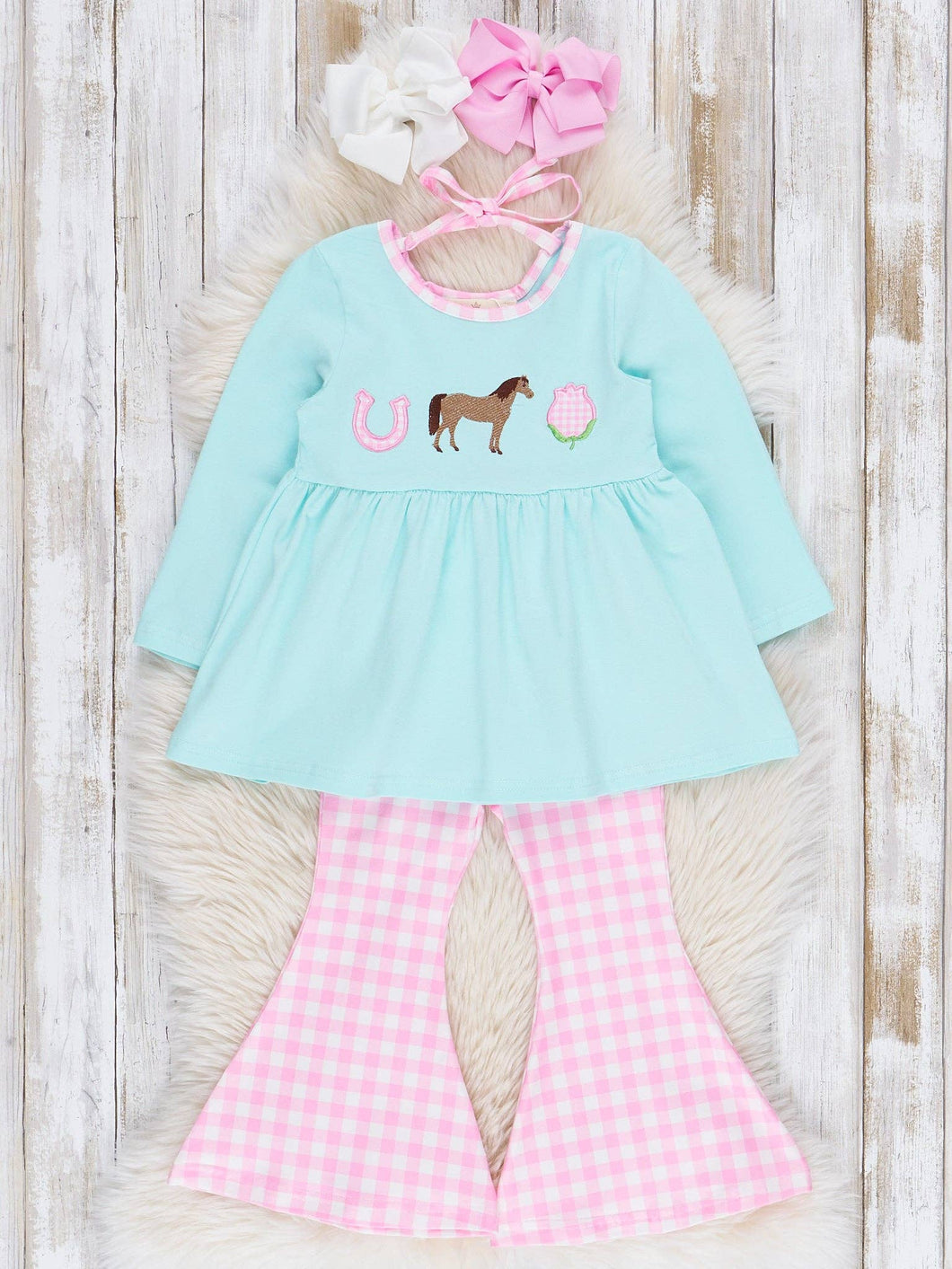 Embroidered Horsing Around Gingham Flare Outfit