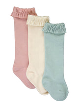 Load image into Gallery viewer, Girls 3-Pack Knee High Ruffle Socks - Mauve, Cloud Blue, &amp; Ivory
