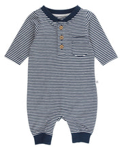 Load image into Gallery viewer, Baby Tiny Navy Stripe Knit Henley Pocket Romper
