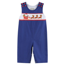 Load image into Gallery viewer, Royal Blue Santa and Sleigh Smocked Overalls
