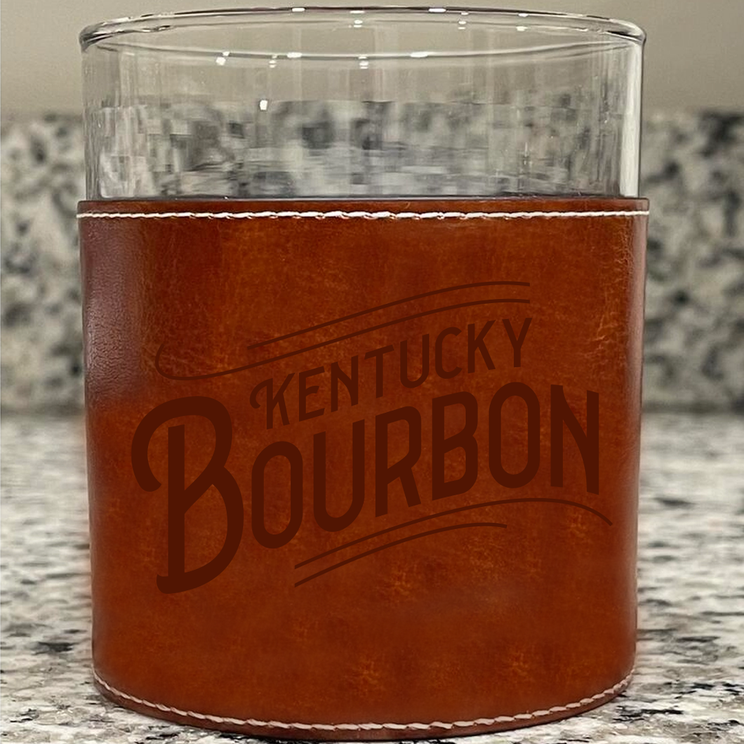 Kentucky Bourbon Word Angled Faux Leather Rocks Glass