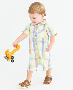 Baby Boys Clubhouse Plaid Short Sleeve Woven Button-Up Romper