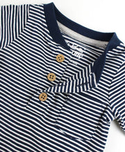 Load image into Gallery viewer, Baby Tiny Navy Stripe Knit Henley Pocket Romper
