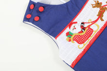 Load image into Gallery viewer, Royal Blue Santa and Sleigh Smocked Overalls
