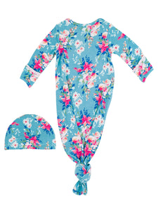 Baby Girls Fancy Me Floral Bamboo Viscose Knotted Ruffle Gown & Hat Set