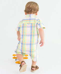 Baby Boys Clubhouse Plaid Short Sleeve Woven Button-Up Romper