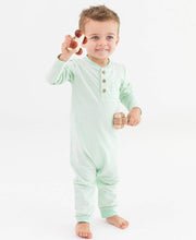 Load image into Gallery viewer, Baby Tiny Mint Stripe Knit Henley Pocket Romper
