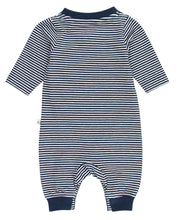 Load image into Gallery viewer, Baby Tiny Navy Stripe Knit Henley Pocket Romper
