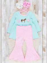 Load image into Gallery viewer, Embroidered Horsing Around Gingham Flare Outfit
