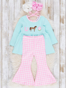 Embroidered Horsing Around Gingham Flare Outfit