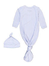 Load image into Gallery viewer, Baby Boys Periwinkle Blue Micro Stripe Bamboo Viscose Knotted Gown &amp; Hat Set
