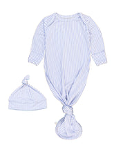 Load image into Gallery viewer, Baby Boys Periwinkle Blue Micro Stripe Bamboo Viscose Knotted Gown &amp; Hat Set
