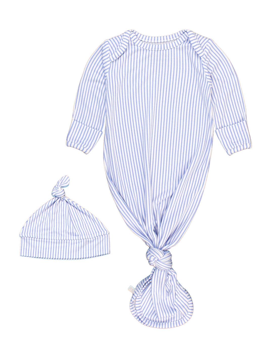 Baby Boys Periwinkle Blue Micro Stripe Bamboo Viscose Knotted Gown & Hat Set