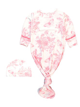 Load image into Gallery viewer, Baby Girls Pink Butterfly Garden Toile Bamboo Viscose Knotted Ruffle Gown &amp; Hat Set
