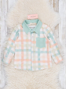 Peachy Mint Plaid Button-Up Shirt