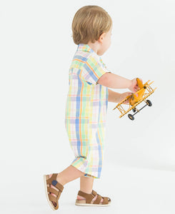 Baby Boys Clubhouse Plaid Short Sleeve Woven Button-Up Romper