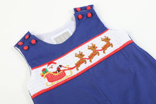 Load image into Gallery viewer, Royal Blue Santa and Sleigh Smocked Overalls
