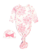 Load image into Gallery viewer, Baby Girls Pink Butterfly Garden Toile Bamboo Viscose Knotted Ruffle Gown &amp; Hat Set
