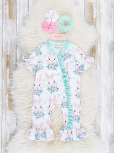 Hoppy Turquoise Bunnies Ruffle Romper