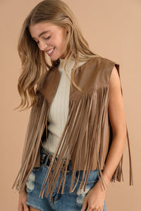 Faux Leather Fringe Waist Vest in Brown