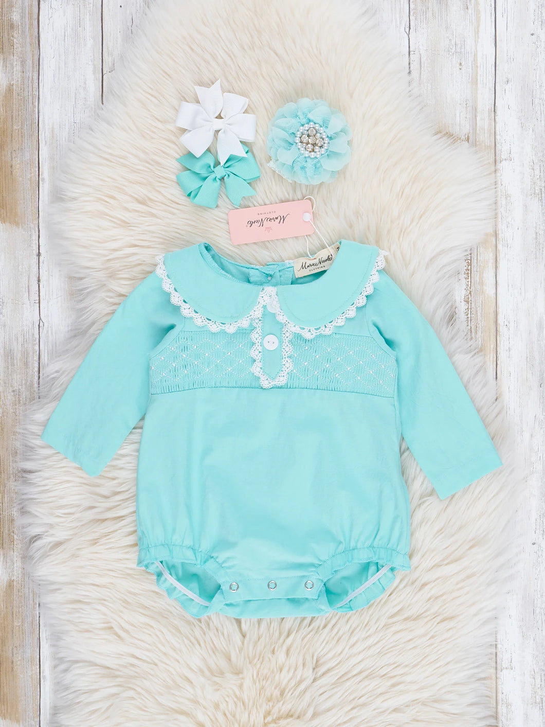 Weber Teal Smocked Pom Pom Bubble