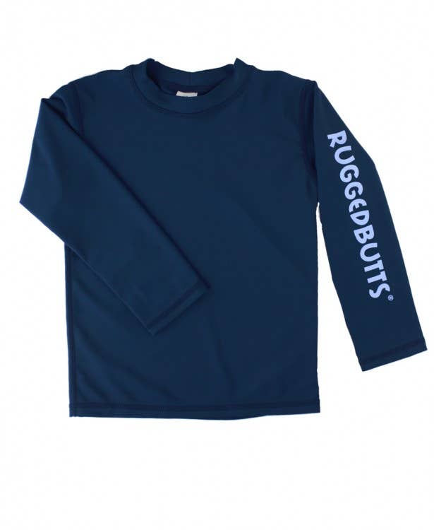 Navy Long Sleeve Logo Rash Guard & Periwinkle Blue Seersucker Swim Trunks Set